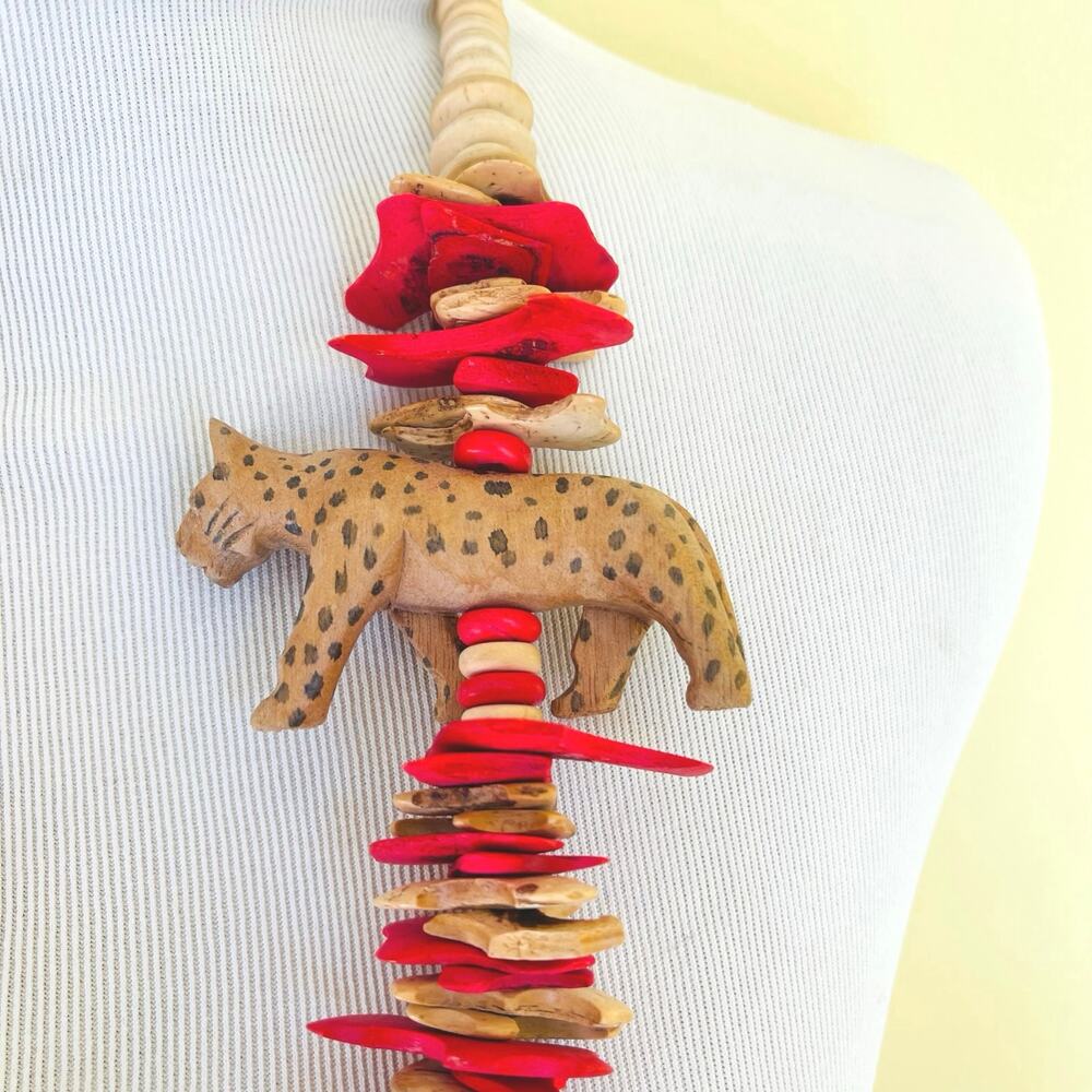 Artisan Safari Wood Carved Wood Cheetah Zebra Disc Necklace African Tribal Boho - Picture 7 of 11